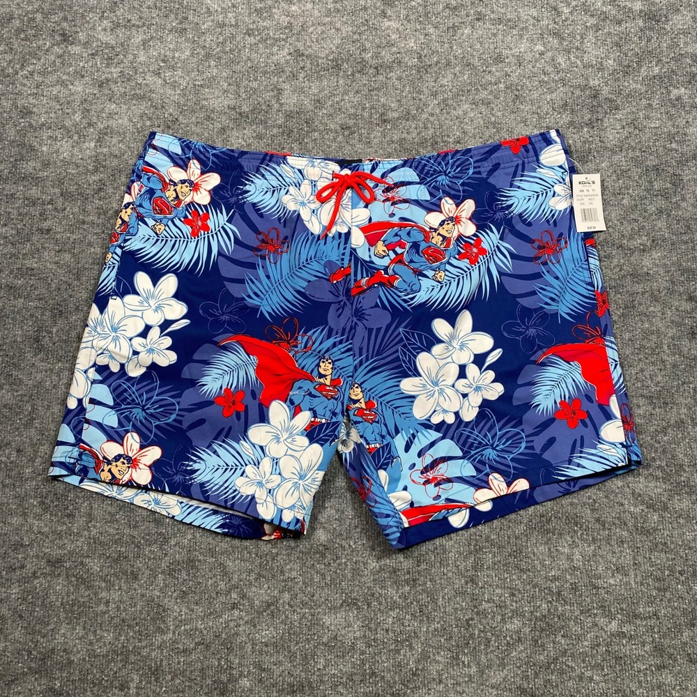 Superman Mens XXL Swim Trunks Blue Tropical Hawaiian‎ Floral Board Shorts NWT